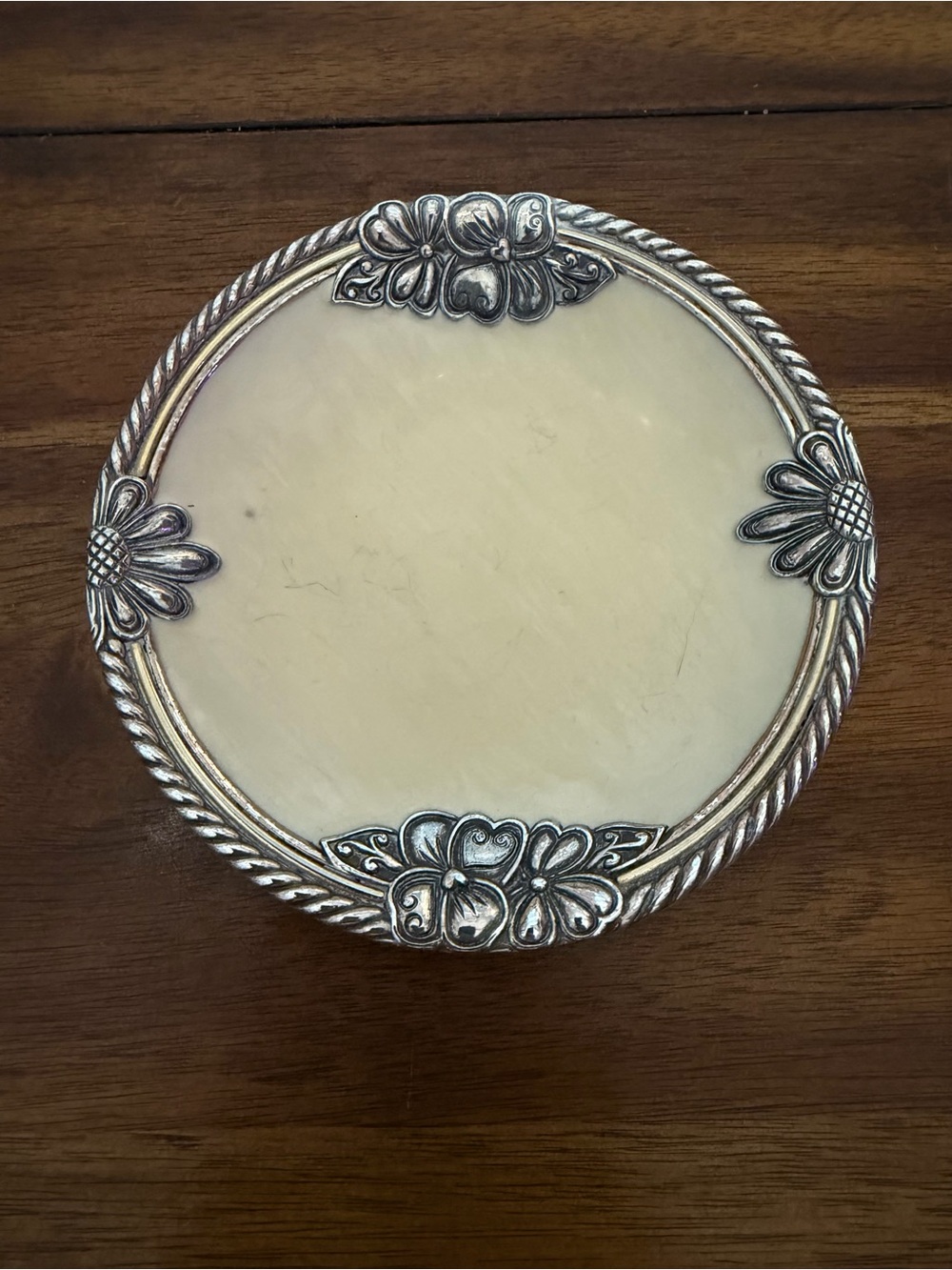 Vintage Brighton "Pretty Pearl" Round Trinket Tray - Silver Tone & Cream Enamel